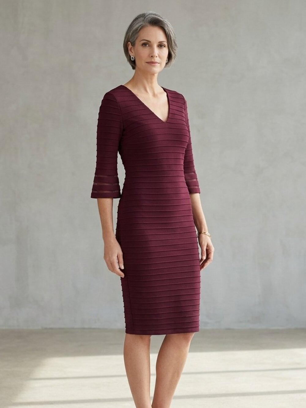Adrianna Papell Burgundy 3/4 Sleeve V-neck Sheath Dress